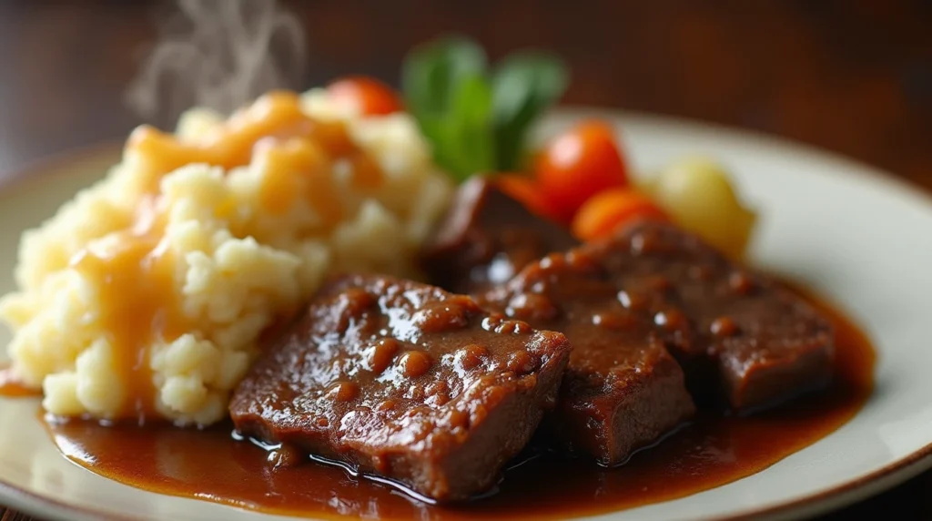 A plate of slow cooker cube steak with gravy, mashed potatoes, and vegetables, showcasing the slow cooker cube steak recipe