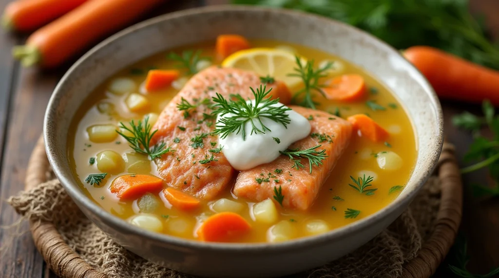 Salmon Soup Recipe - A steaming bowl of creamy salmon soup with tender salmon chunks, fresh vegetables, and a dollop of sour cream, garnished with herbs and a slice of lemon