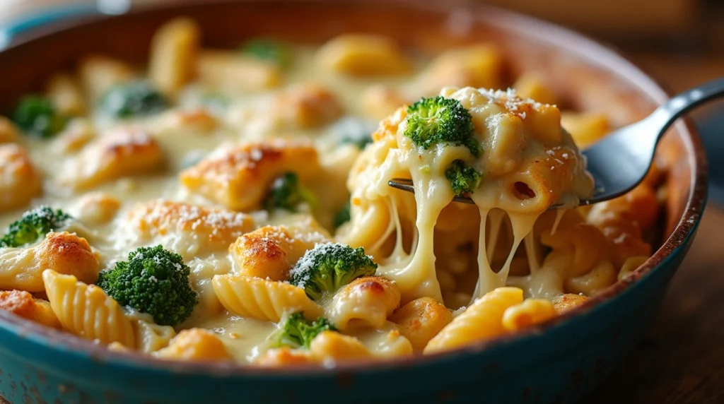 Chicken Broccoli Alfredo Bake with melted cheese and fresh broccoli served in a rustic dish