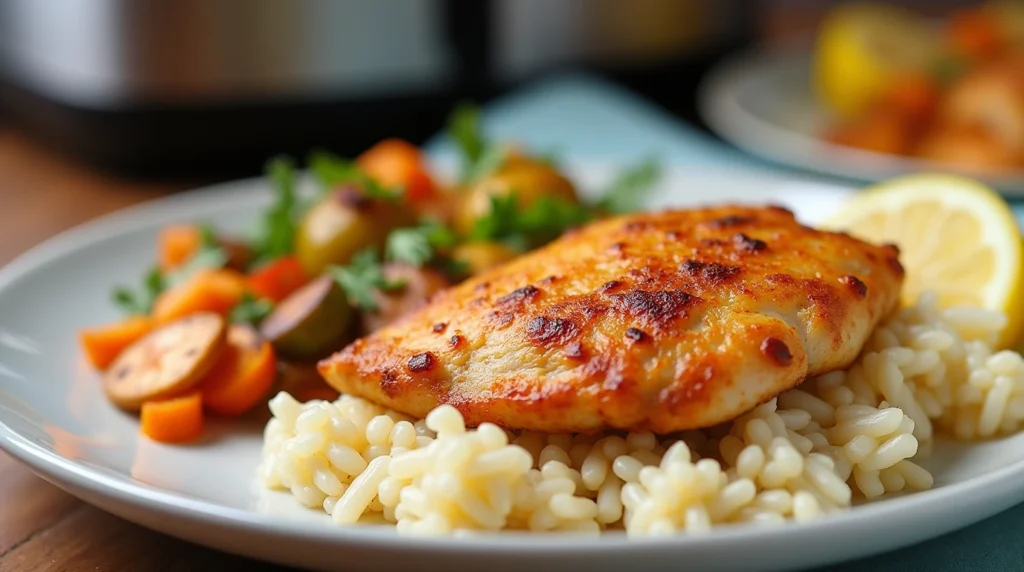 Frozen Chicken Breast in the Air Fryer - Golden-brown chicken breast with sides.