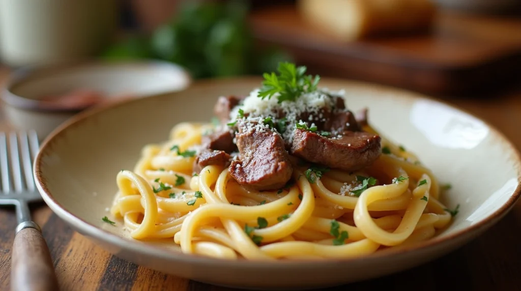 Steak and pasta recipe with creamy sauce, garnished with fresh herbs and Parmesan cheese