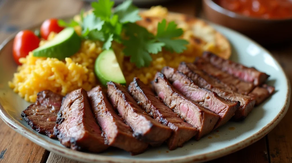 Juicy chipotle steak served with lime wedges, avocado, and grilled vegetables on a rustic wooden table.
