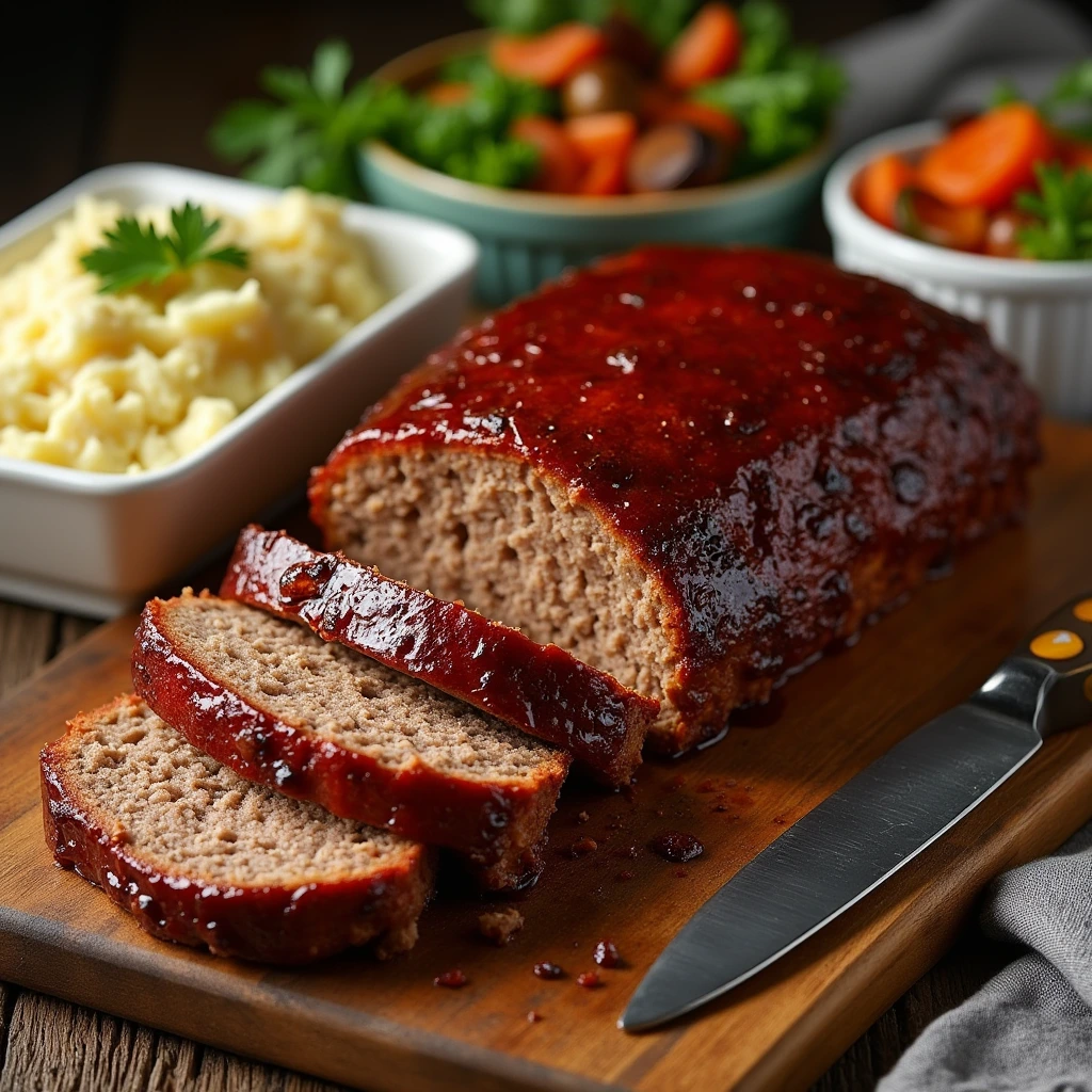Smoked Meatloaf Recipe featuring a juicy sliced meatloaf with a glossy glaze on a wooden cutting board surrounded by mashed potatoes, roasted vegetables, and a fresh salad