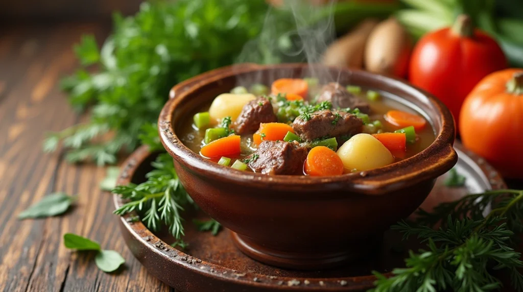 A rustic bowl of steaming Old-Fashioned Vegetable Beef Soup recipe with vibrant vegetables, tender beef chunks, and rich broth on a wooden table.