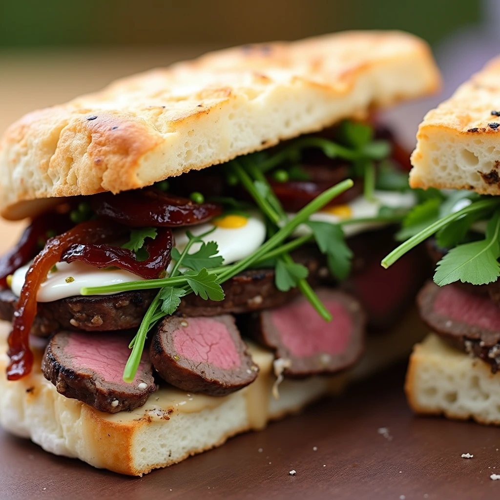 Close-up of a Ribeye Steak Sandwich with layers of tender steak, caramelized onions, fresh herbs, and melted cheese.