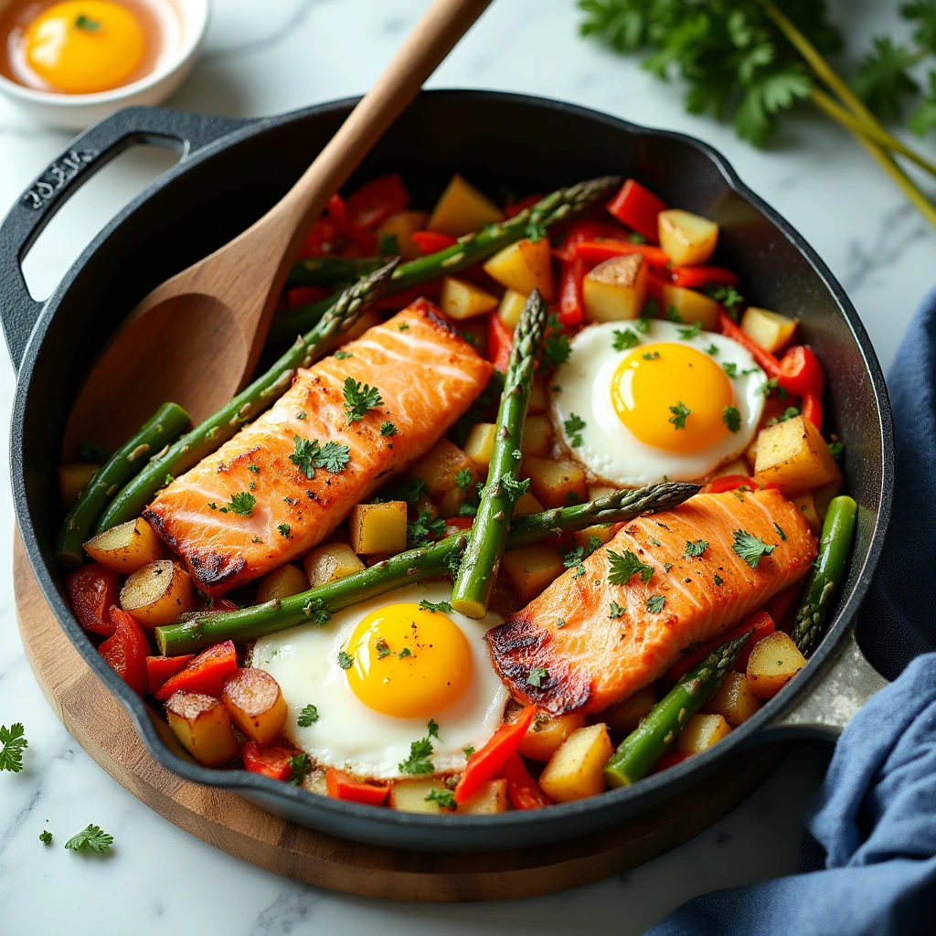 A skillet dish made with canned pink salmon, diced potatoes, asparagus, bell peppers, and eggs, garnished with fresh parsley