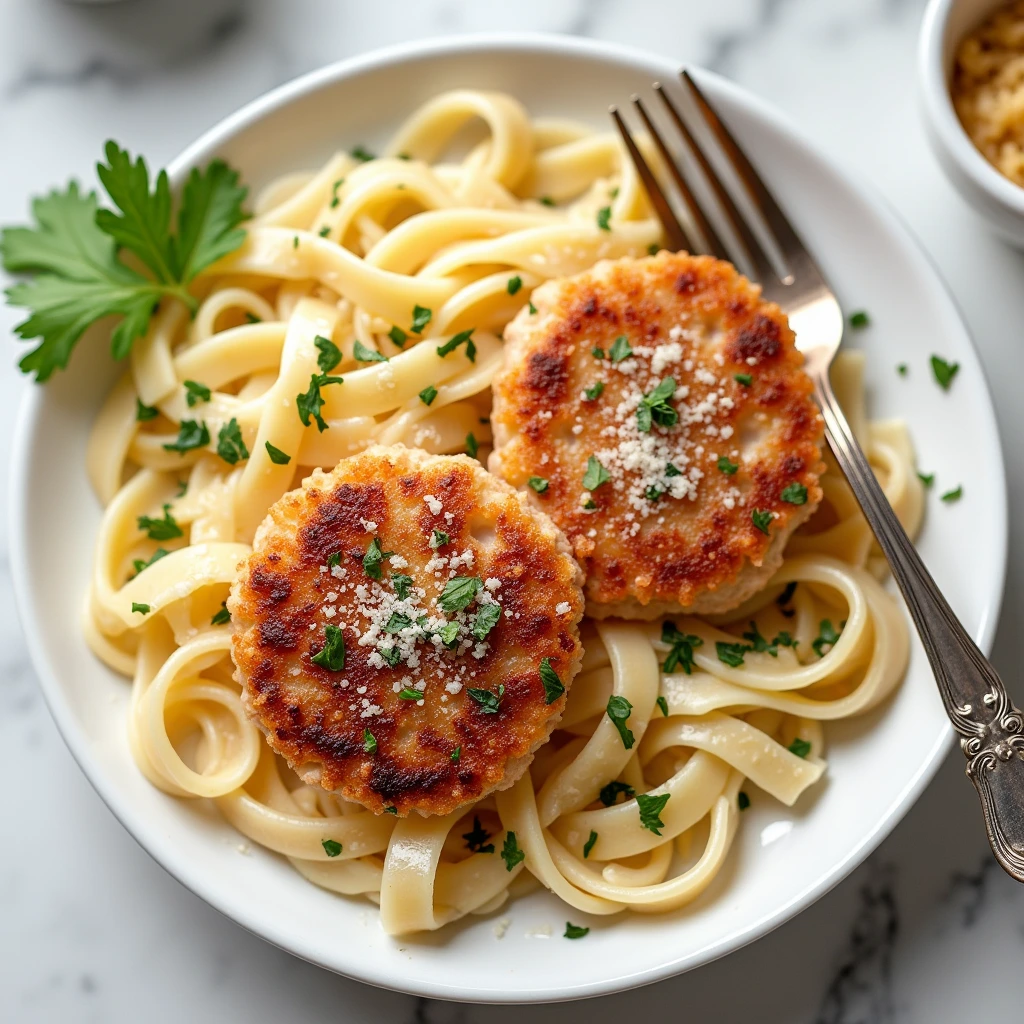 A bowl of creamy pasta with flaked canned pink salmon, topped with Parmesan and parsley.