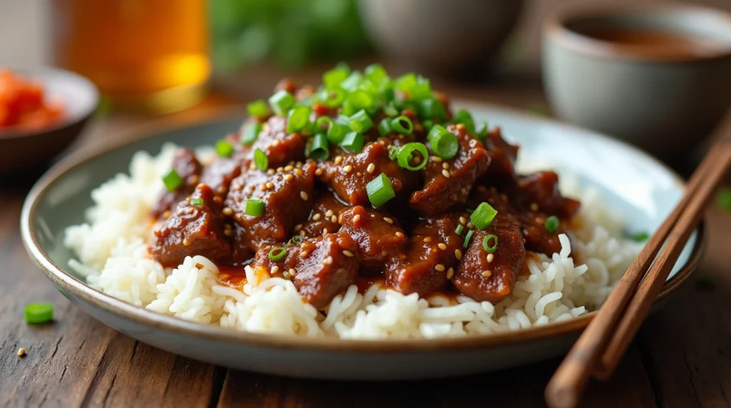 Ground Beef Bulgogi served over steamed rice, garnished with green onions and sesame seeds, with a side of kimchi