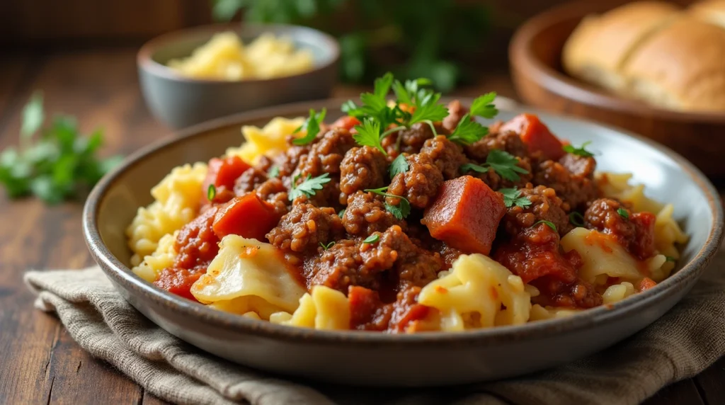 Delicious Ground Beef and Cabbage dish, garnished with parsley and served with sides like crusty bread and rice
