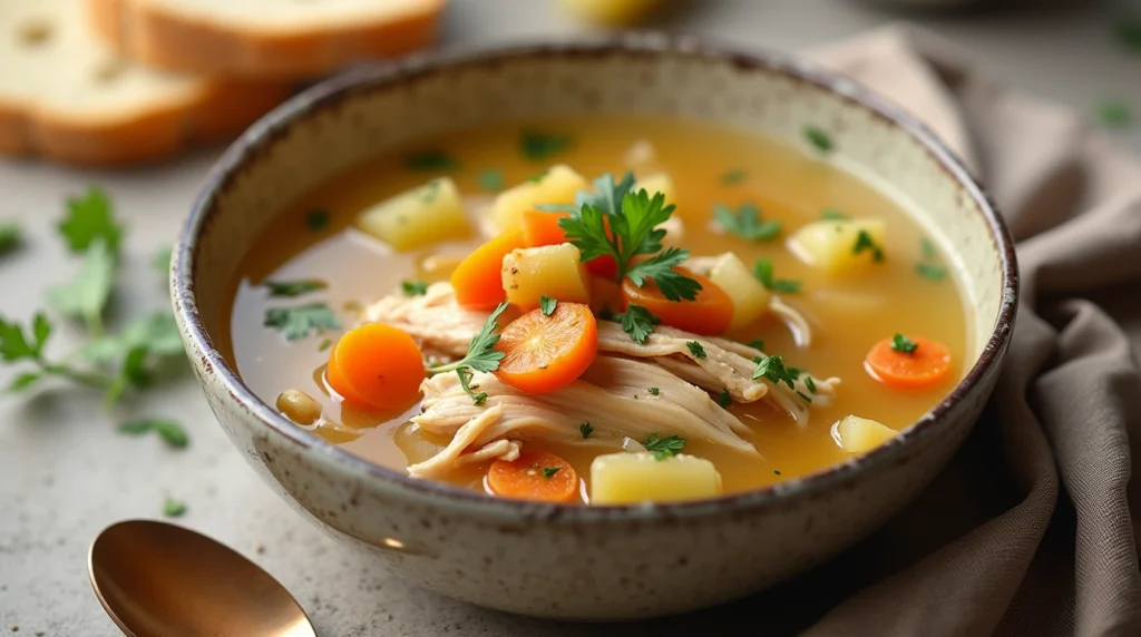 A bowl of chicken soup with potatoes, carrots, shredded chicken, and fresh parsley, served with rustic bread