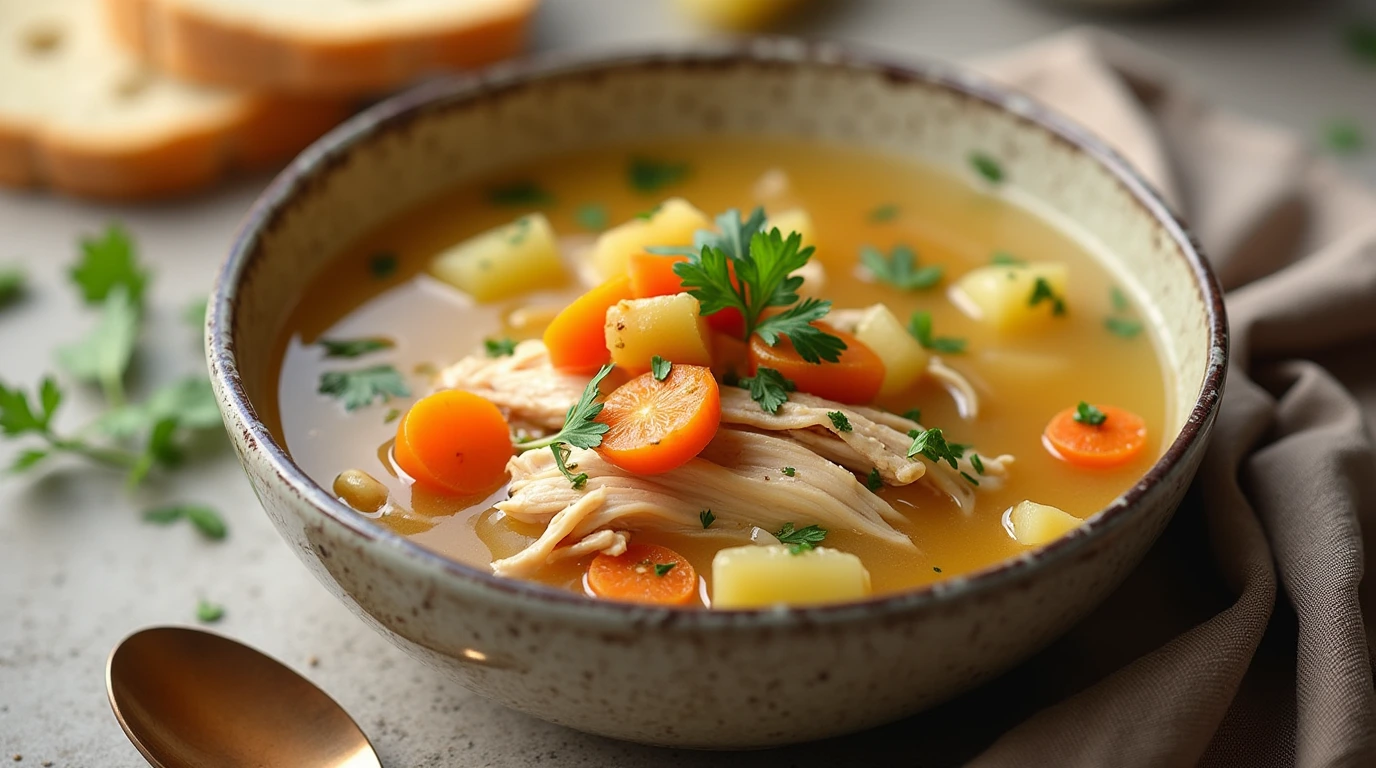 A bowl of chicken soup with potatoes, carrots, shredded chicken, and fresh parsley, served with rustic bread