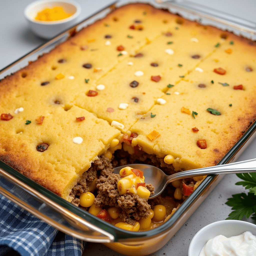 Cowboy Casserole Cornbread with a golden cornbread topping and savory beef filling