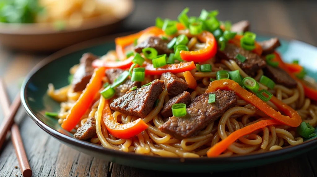 Beef Chow Fun recipe with glossy noodles, tender beef slices, and colorful vegetables like bell peppers and bok choy on a plate