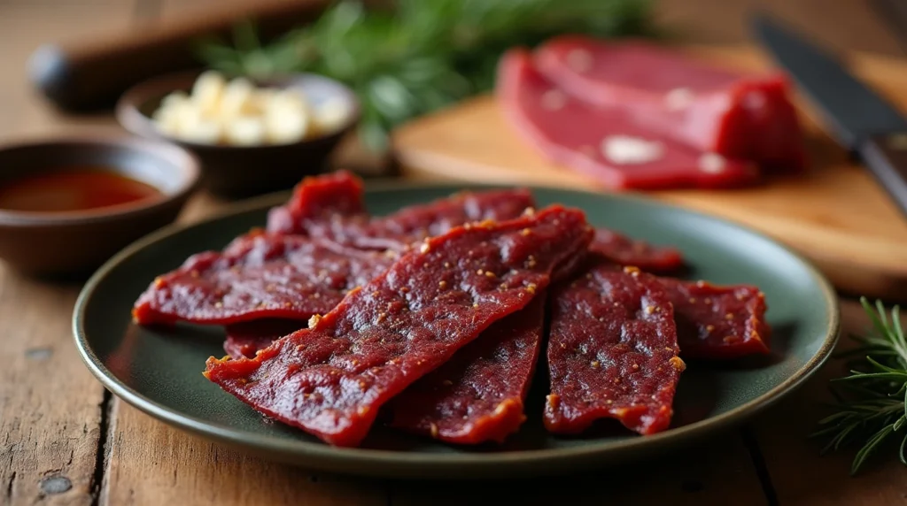 Rustic display of homemade deer beef jerky with marinade ingredients on a wooden board