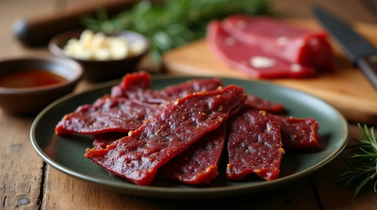 Rustic display of homemade deer beef jerky with marinade ingredients on a wooden board