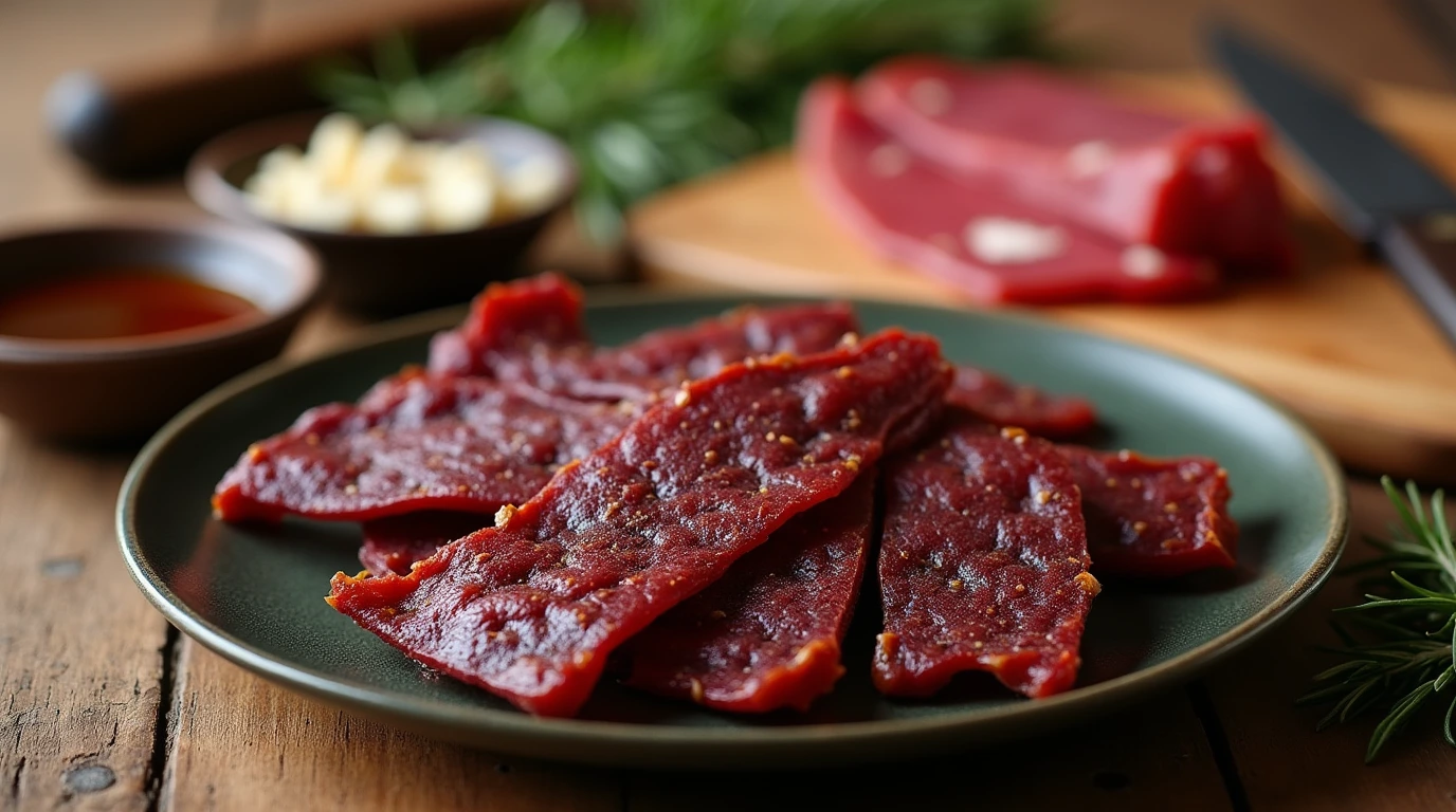 Rustic display of homemade deer beef jerky with marinade ingredients on a wooden board