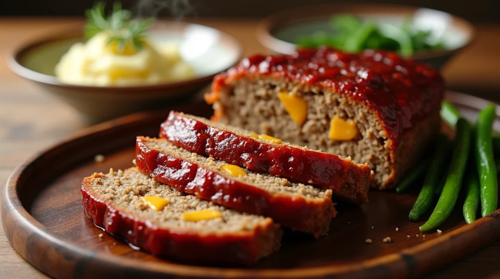 French Onion Meatloaf sliced to reveal cheesy, caramelized onion filling, served with mashed potatoes and green beans.