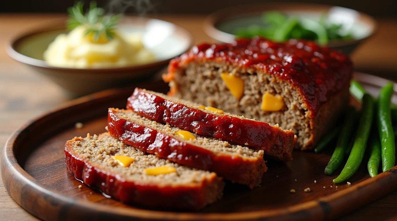 French Onion Meatloaf sliced to reveal cheesy, caramelized onion filling, served with mashed potatoes and green beans.