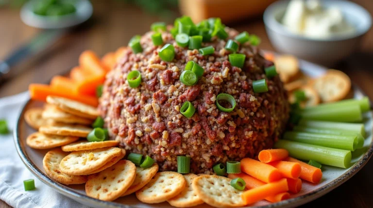 Chipped Beef Cheese Ball coated with crushed pecans and green onions, served on a decorative platter surrounded by crackers, vegetable sticks, and toasted baguette slices