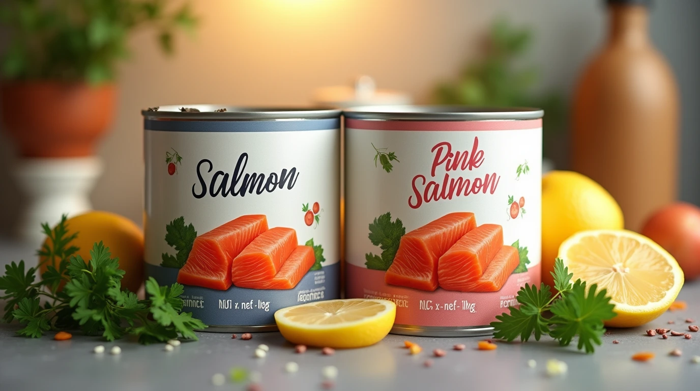 image showing two cans of salmon, including one labeled 'Canned Pink Salmon,' surrounded by fresh parsley and lemon slices on a kitchen counter