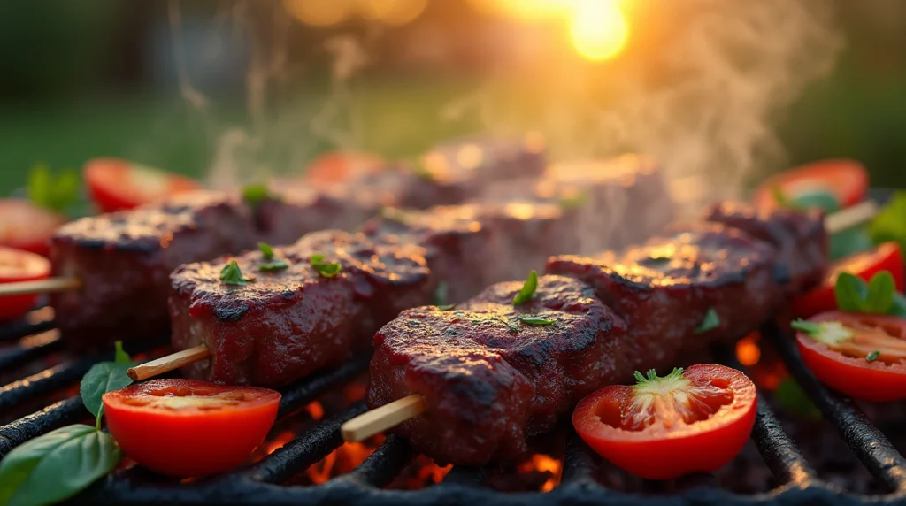 Grilled Beef Heart Skewers with colorful vegetables on the grill, showcasing tender, charred meat