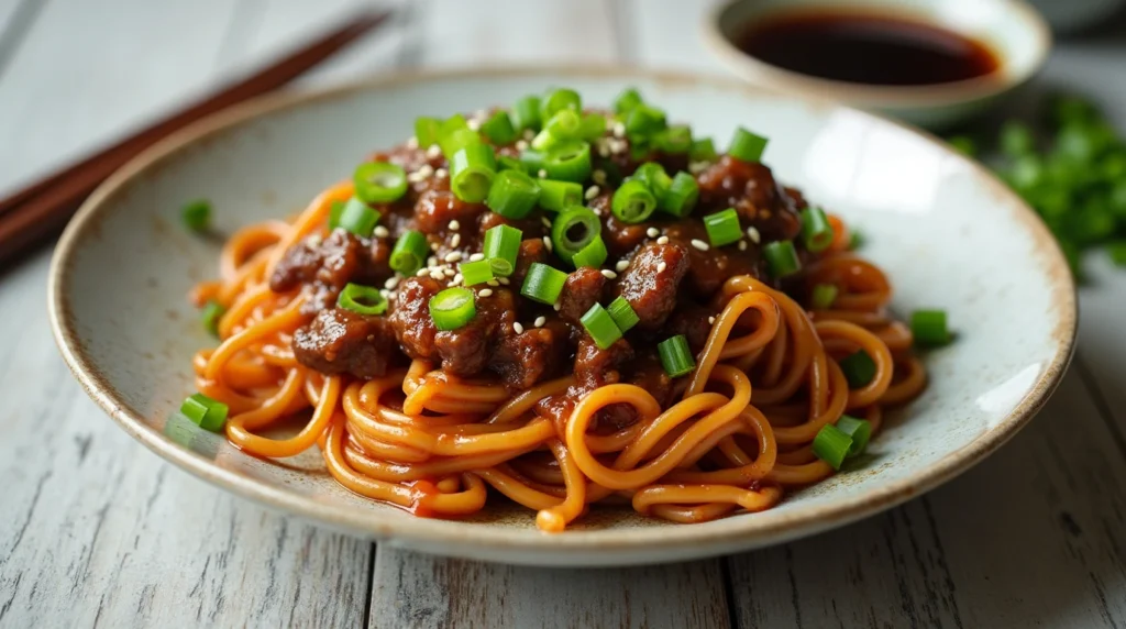 A plated dish of Mongolian Ground Beef Noodles topped with green onions and sesame seeds, served on a rustic wooden table