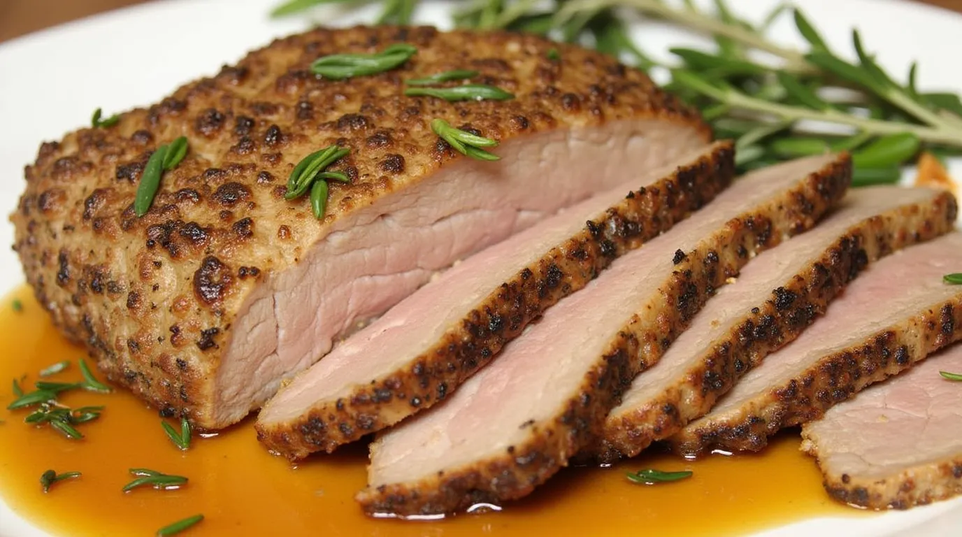 Sliced garlic rosemary pork loin served with fresh rosemary sprigs and a flavorful sauce.