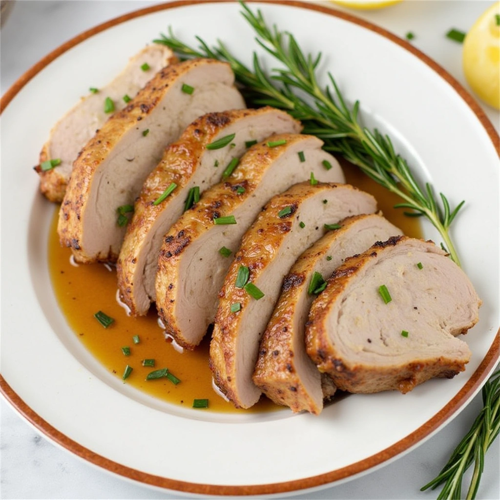 Garlic rosemary pork loin sliced and coated with butter sauce, served on a platter.