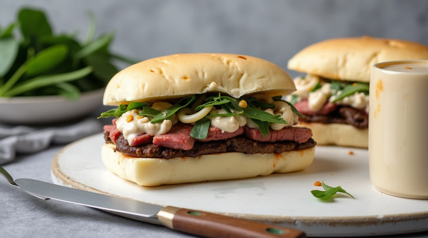 Ribeye Steak Sandwich with grilled steak, melted cheese, and fresh vegetables inside a toasted bun