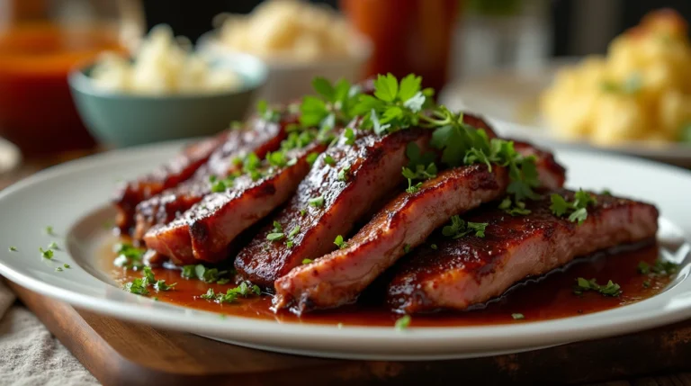 Caramelized boneless beef ribs glazed with BBQ sauce, garnished with parsley, and served