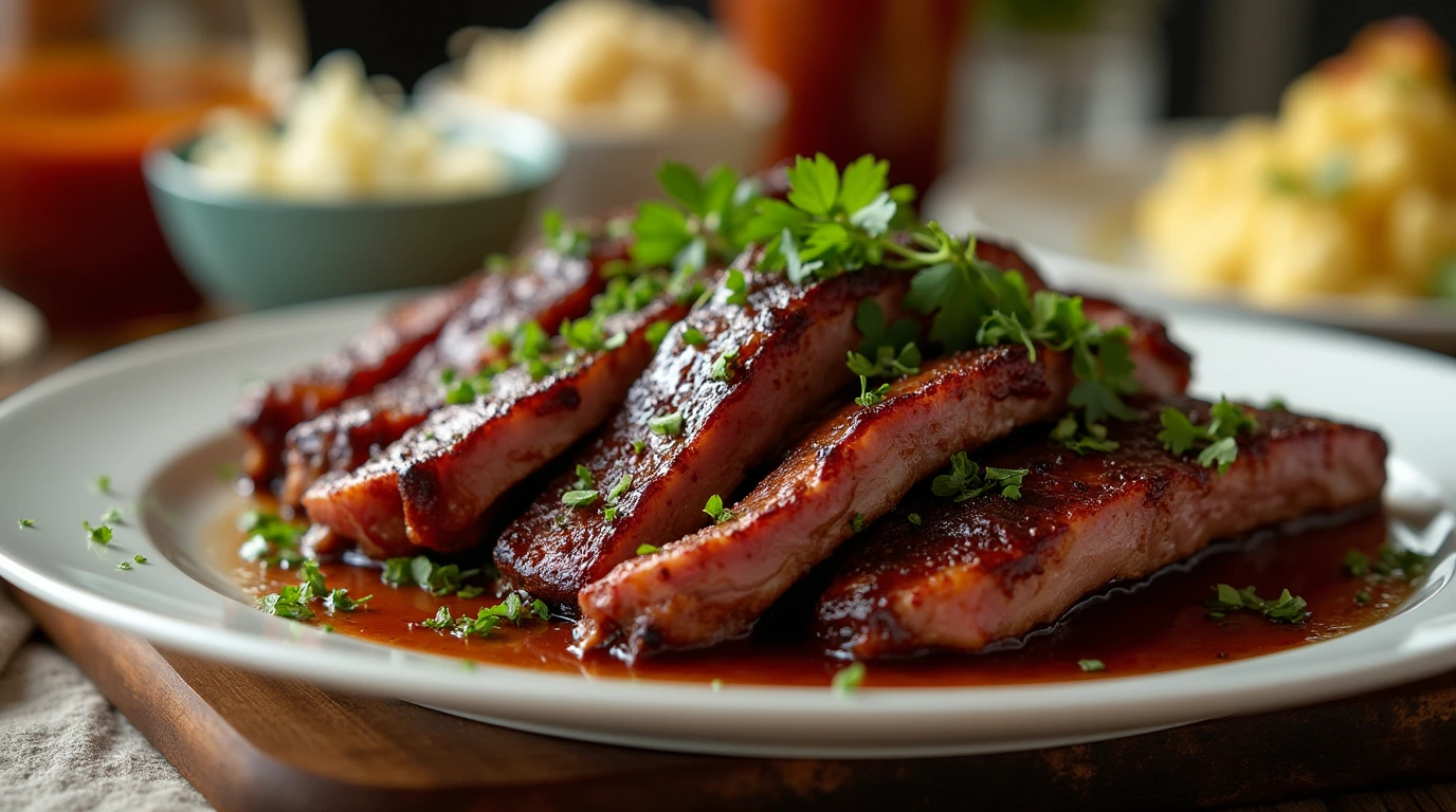 Caramelized boneless beef ribs glazed with BBQ sauce, garnished with parsley, and served