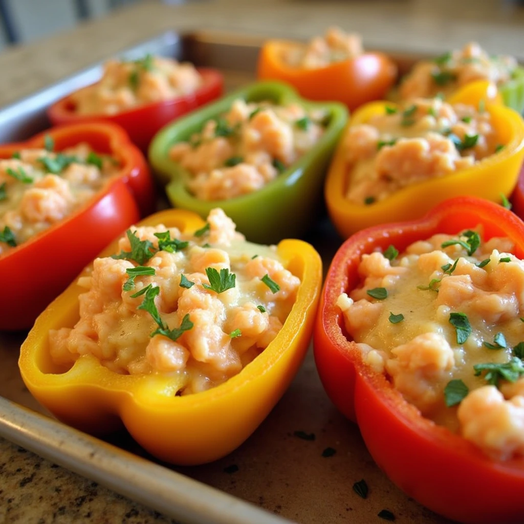 Baked bell peppers stuffed with canned pink salmon, rice, tomato sauce, and melted cheese.