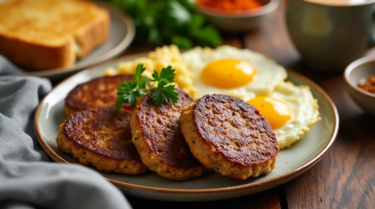 Golden brown beef breakfast sausage patties served on a ceramic plate with scrambled eggs, toast, and fresh parsley garnish